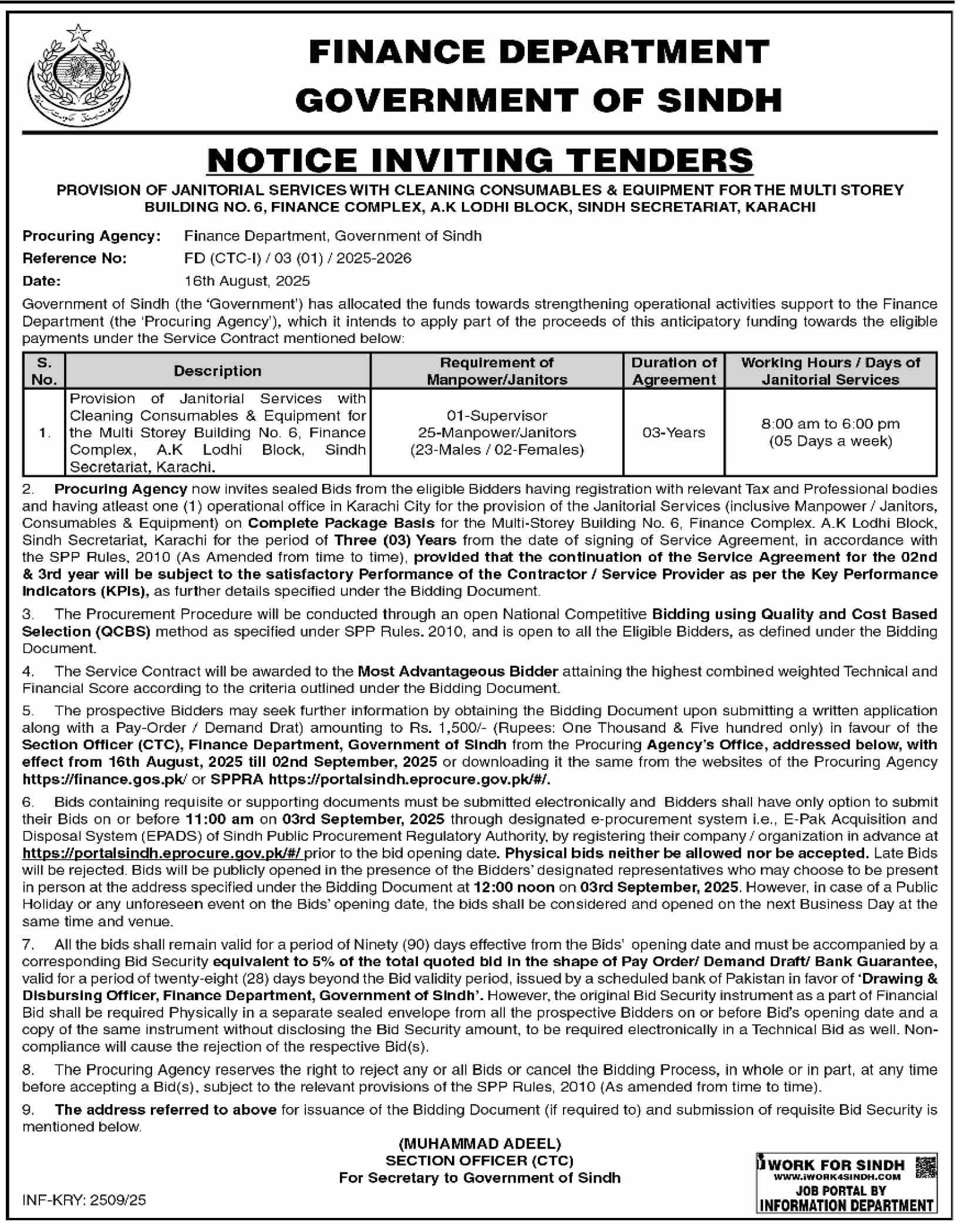 Finance Department Sindh Tender Notice